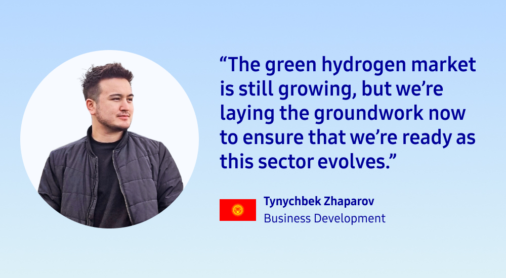 A portrait of Tynychbek Zhaparov, Business Development at Samsung C&T, with a quote about laying the groundwork for the growing green hydrogen market.