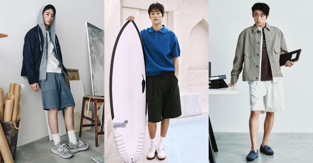 A trio of male models wearing summer shorts from Samsung C&T’s brands. From left to right: ShiftG Denim Fatigue Shorts styled with layered outerwear and sneakers; 8seconds Black Bermuda Shorts paired with a blue knit polo and loafers; and Theory White Denim Shorts styled with a beige jacket and dark graphic tee for a smart-casual look.