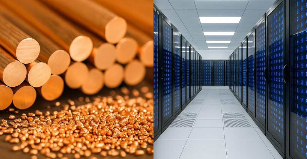 Side-by-side image showing copper rods and granules on the left, and a hallway of high-performance data servers on the right—highlighting copper’s growing importance in powering data centers and digital infrastructure.