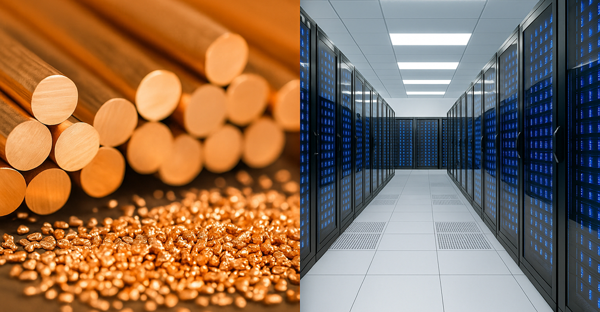 Side-by-side image showing copper rods and granules on the left, and a hallway of high-performance data servers on the right—highlighting copper’s growing importance in powering data centers and digital infrastructure.