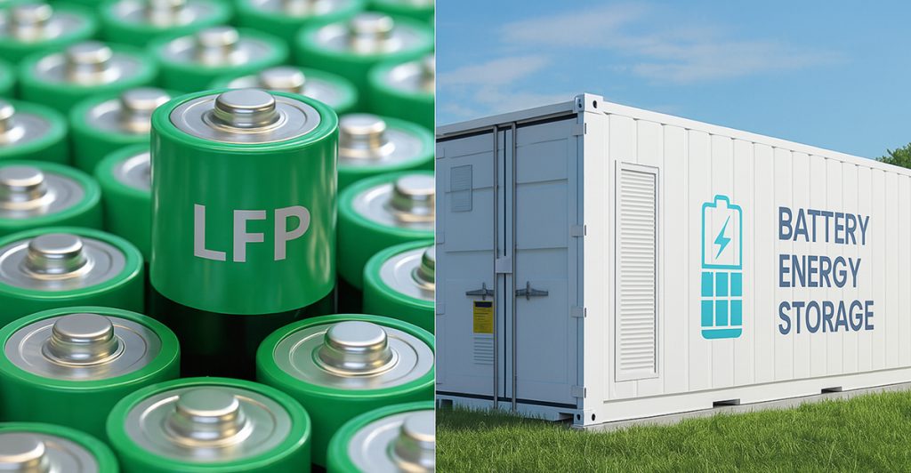 Close-up of LFP batteries next to a white container labeled "Battery Energy Storage," representing global energy storage expansion.