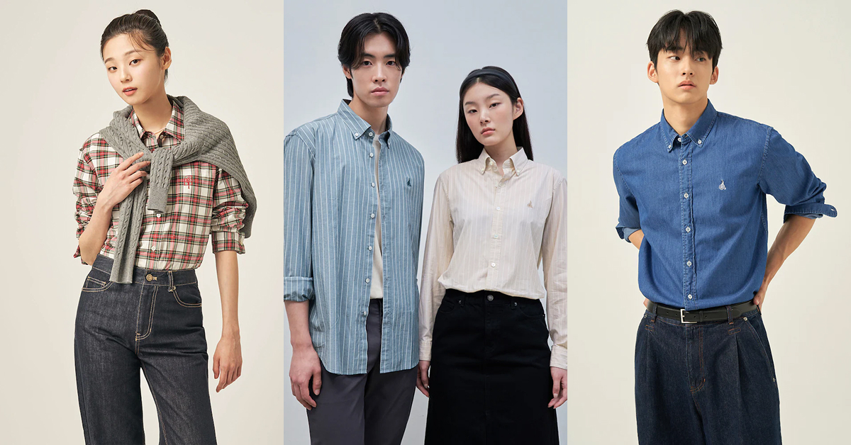 Models wearing Samsung C&T Fashion Group shirts in different styles — including checks, stripes, and denim — styled in casual and versatile looks that transition across seasons.