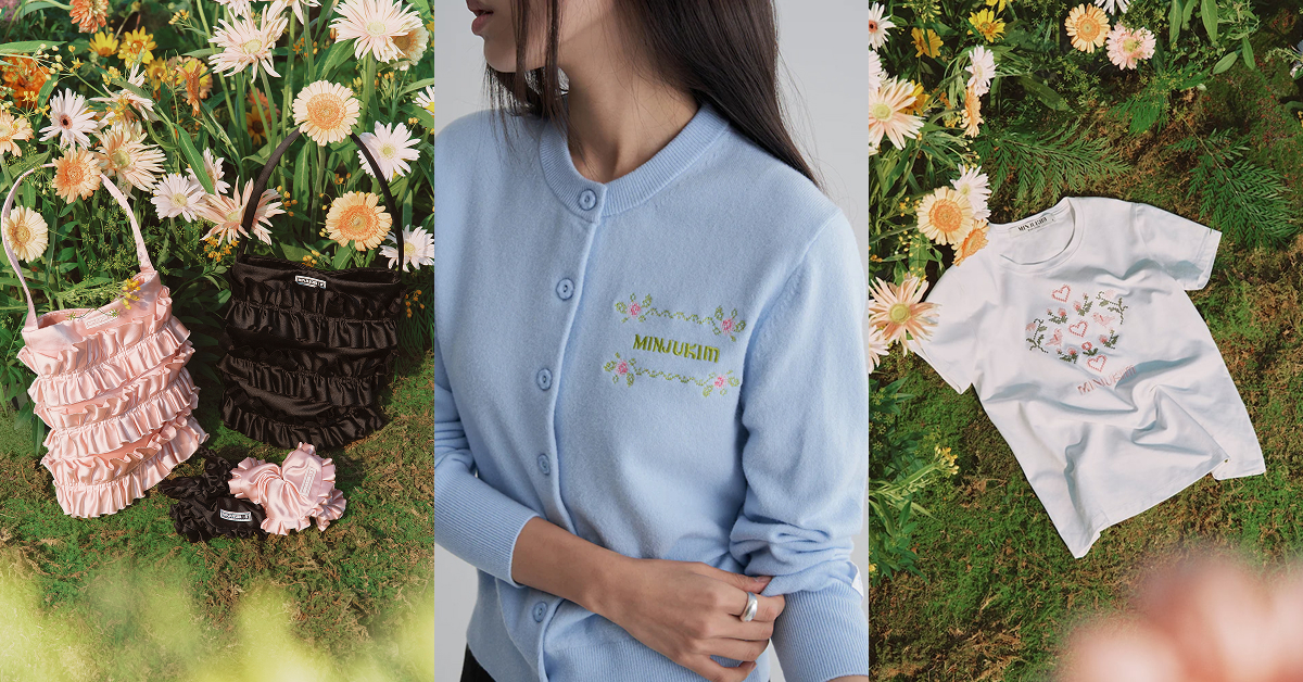 A promotional image for the 8seconds × MINJUKIM FW collaboration, showcasing models in key looks from the collection. Outfits feature signature details such as floral embroidery, airy tulle, and ruffled silhouettes, reflecting the blend of fairytale romance and casual sensibility.