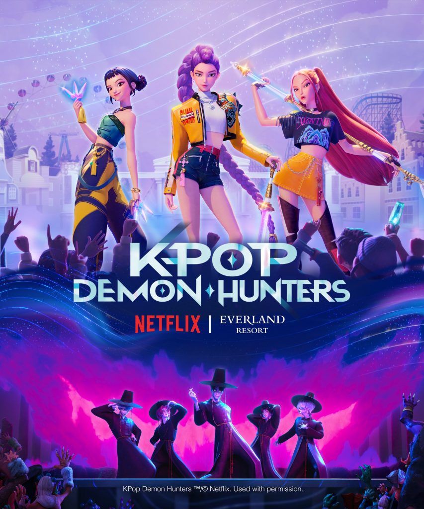 Poster showing animated k-pop characters from Netflix' 'Kpop Demon Hunters' collaboration poster with Everland