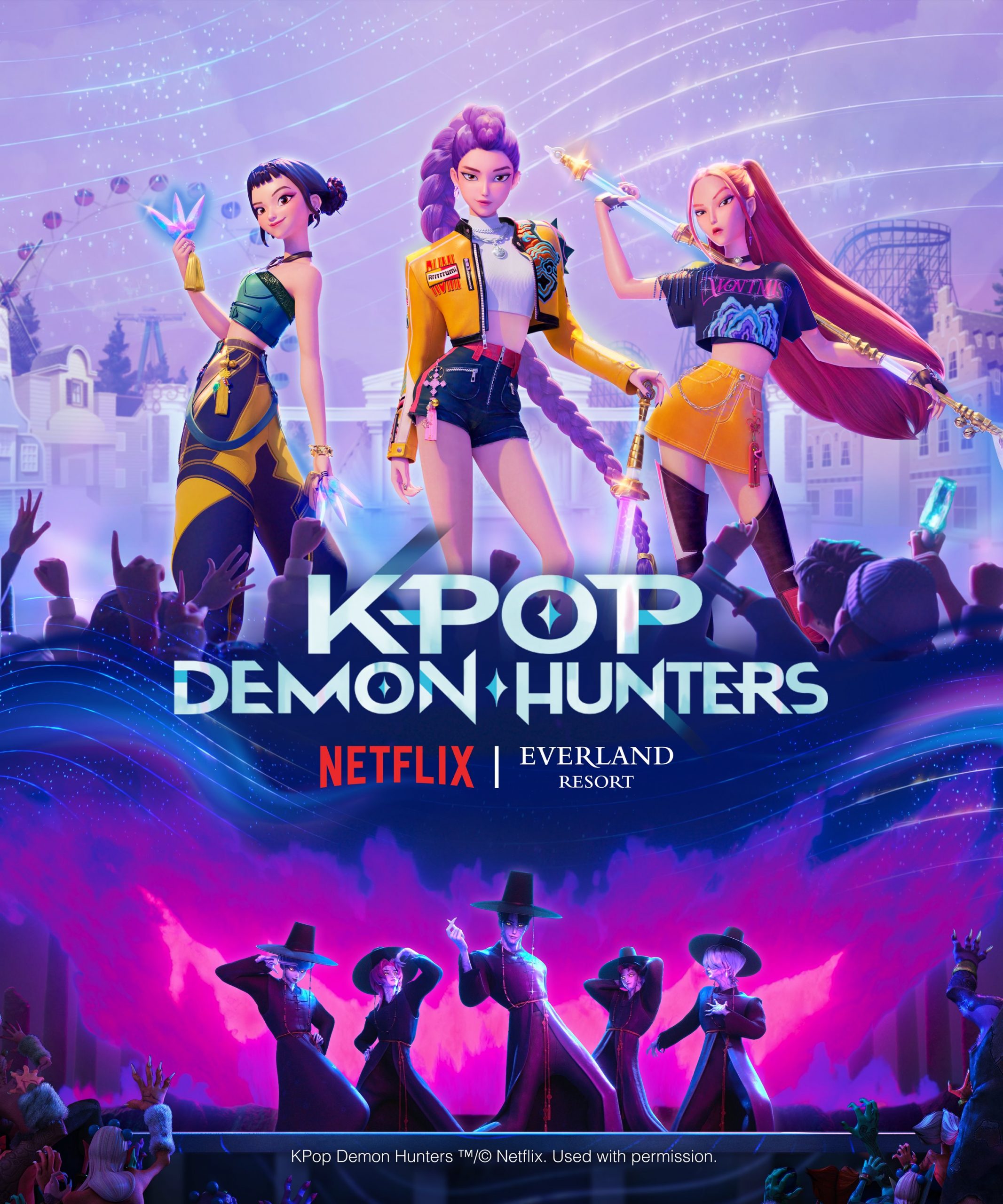 Poster showing animated k-pop characters from Netflix' 'Kpop Demon Hunters' collaboration poster with Everland