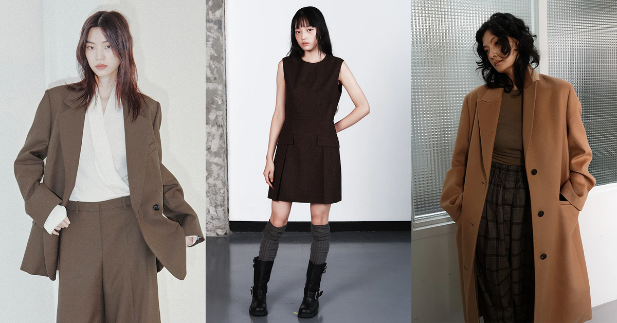 Models showcasing FW25 looks in brown from KUHO, KUHO plus, and Beanpole, featuring tailored suits, wool coats, and minimalist dresses in warm autumn tones