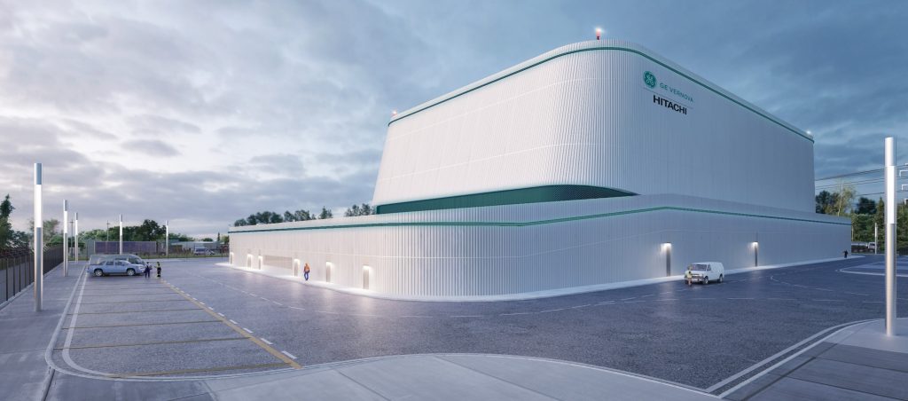A 3D rendering shows the planned Small Modular Reactor (SMR) facility in Ringhals, Sweden, with a modern white building marked with the GE Vernova and Hitachi logos under an evening sky.