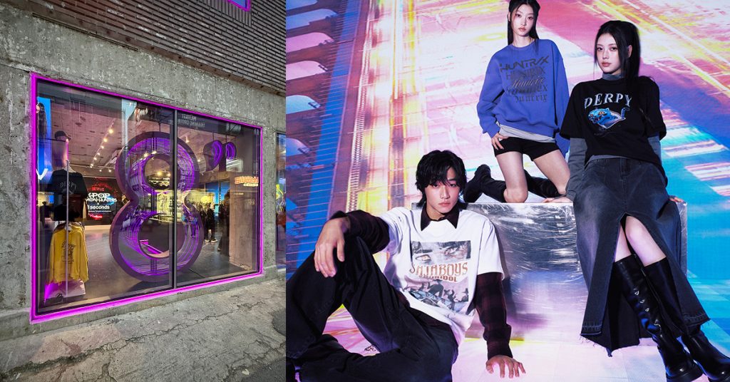 Composite image showing the 8seconds x K-Pop Demon Hunters collaboration. On the left, the Stage35 pop-up store in Seongsu is framed by bright purple neon lights and displays branded merchandise. On the right, three models wear pieces from the collection, including a “Saja Boys” graphic T-shirt, a “Huntrix” sweatshirt, and a “Derpy” top, styled in bold, street-inspired looks against a vibrant digital backdrop.