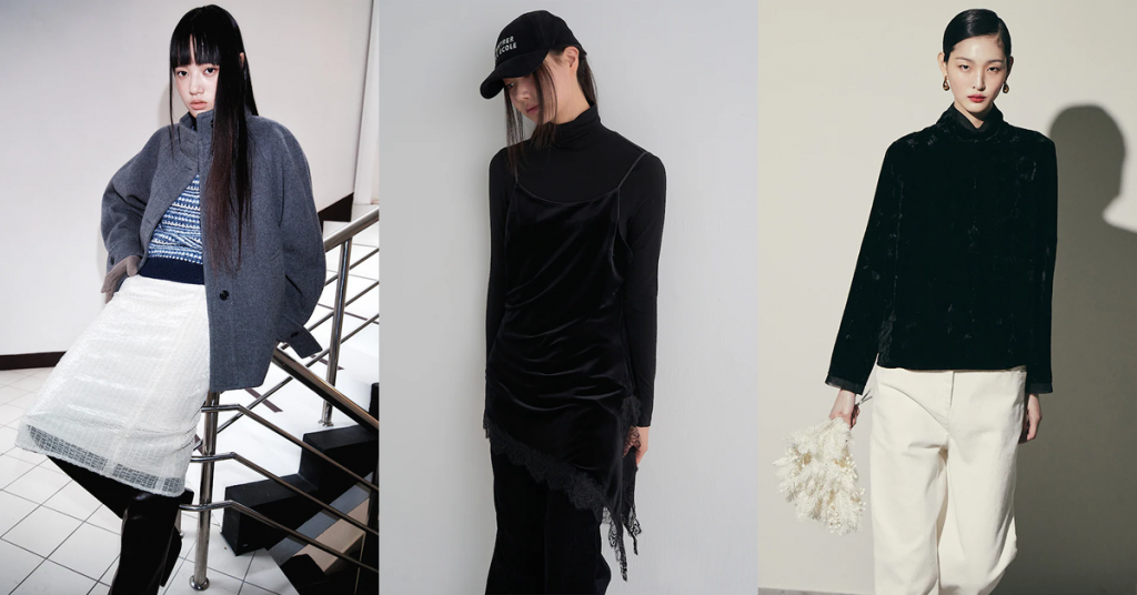 Three models wearing FW25 velvet looks: an ivory layered velvet skirt styled with a grey jacket, a black velvet slip dress layered over a turtleneck, and a black velvet top paired with white trousers.