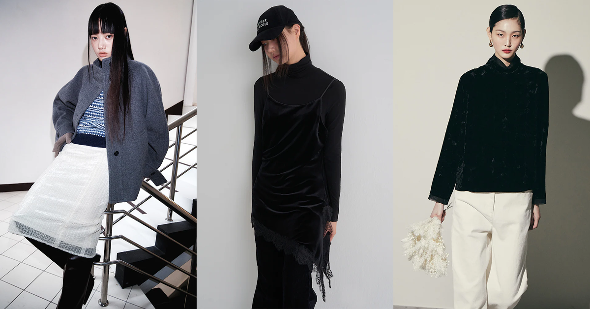 Three models wearing FW25 velvet looks: an ivory layered velvet skirt styled with a grey jacket, a black velvet slip dress layered over a turtleneck, and a black velvet top paired with white trousers.