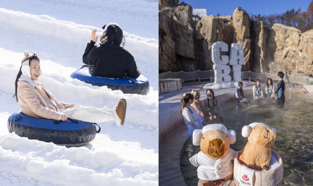 Visitors ride snow tubes at Everland’s Snow Buster sledding area and relax in heated outdoor spa pools at Caribbean Bay during the winter season.