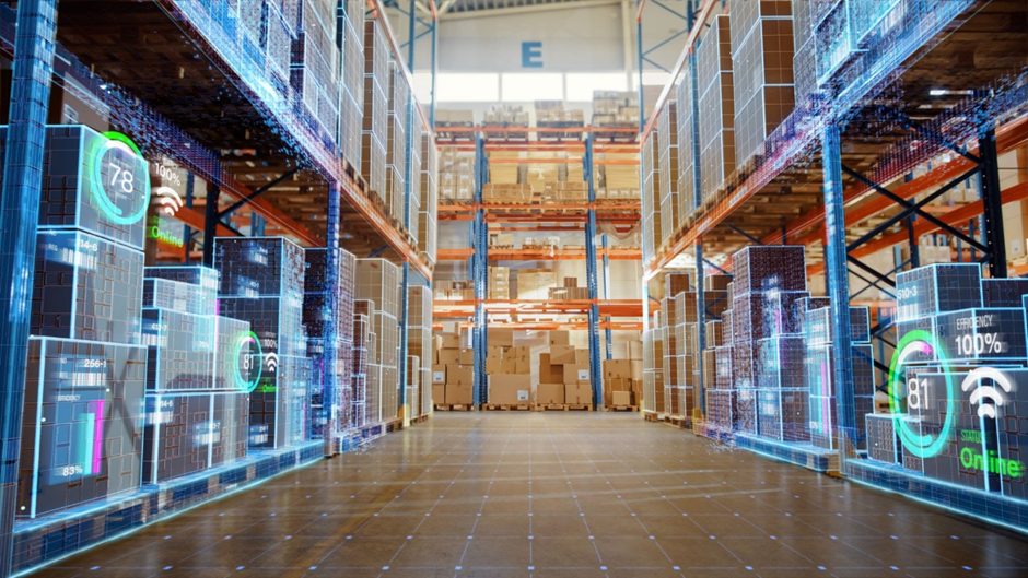 Warehouse interior with stacked pallets and digital overlay graphics representing inventory tracking and logistics monitoring.