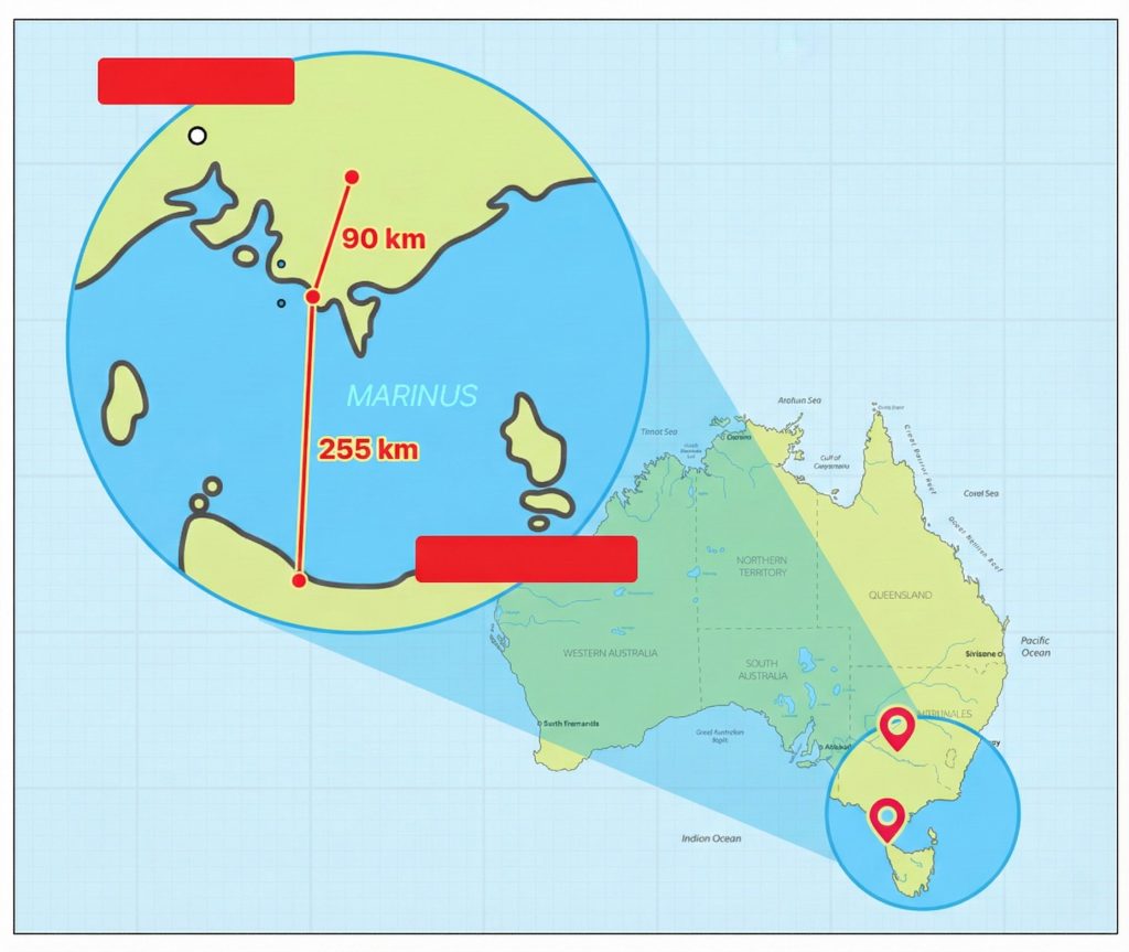 Map showing the Marinus Link HVDC route connecting Hazelwood in Victoria and Heybridge in Tasmania, including 90 km of underground cable and 255 km of subsea cable across the Bass Strait.