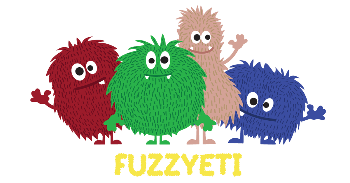 Illustration of four FUZZYETI characters in red, green, beige, and blue, representing Beanpole’s winter season knitwear theme.