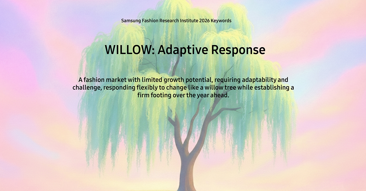 Illustrated willow tree background visual presenting Samsung Fashion Research Institute’s 2026 fashion market outlook and the six key themes under the WILLOW framework.