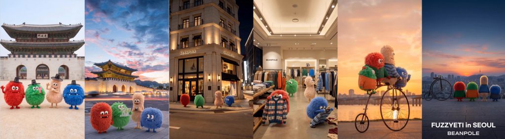 FUZZYETI characters shown in multiple scenes across Seoul, including city landmarks, a Beanpole store interior, and a riverside at sunset, illustrating the winter knitwear story.
