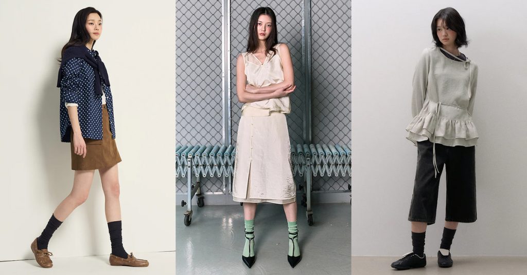 Three models wearing layered outfits including shirts, knitwear, skirts, and wide-leg silhouettes from Samsung C&T Fashion Group’s SS 2026 collections.