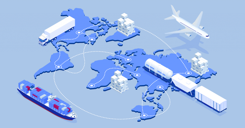 Illustration of global freight transportation routes showing container ships, trucks, trains, and aircraft moving goods across continents, representing international trade flows and shipping networks.