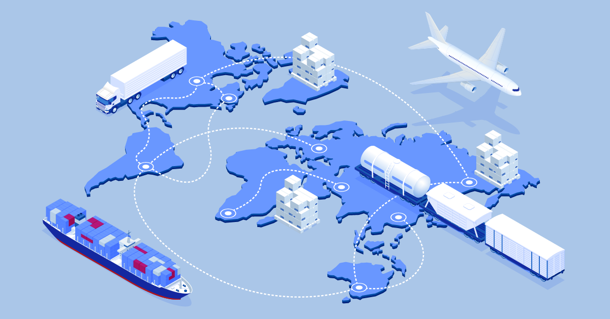 Illustration of global freight transportation routes showing container ships, trucks, trains, and aircraft moving goods across continents, representing international trade flows and shipping networks.