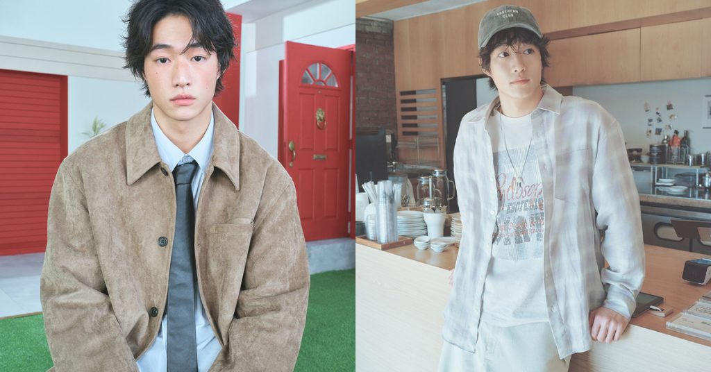 Two models wearing outfits from 8seconds’ SS26 menswear collection, showcasing a suede-textured jacket with tie styling and a layered casual look in a café setting