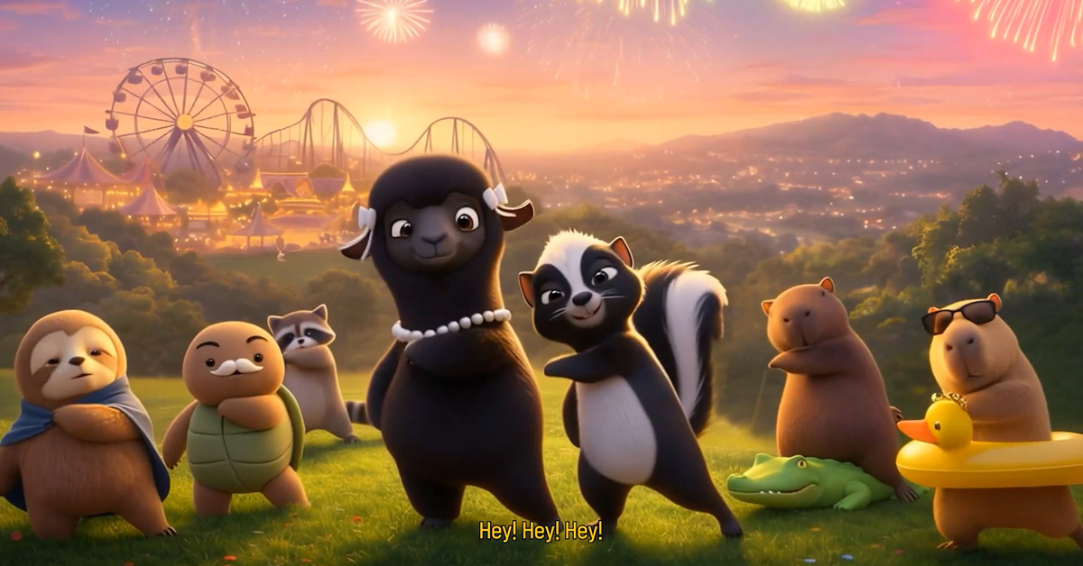 Ppuppa Town characters come together in a scene from Everland’s AI-created animation “Different, together.”