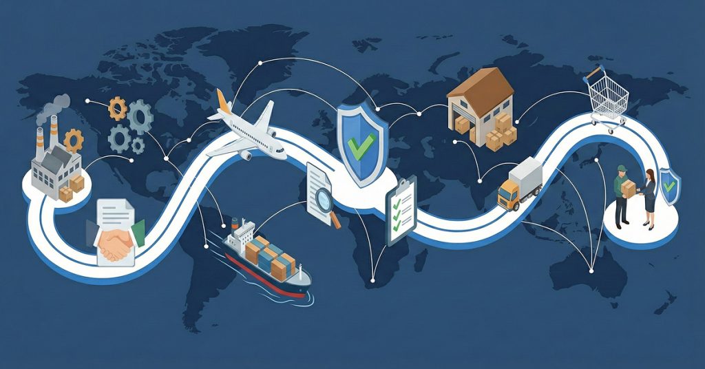 Illustration of a global supply chain process across a world map, showing production, transportation, verification, and delivery stages connected along an international trade route.