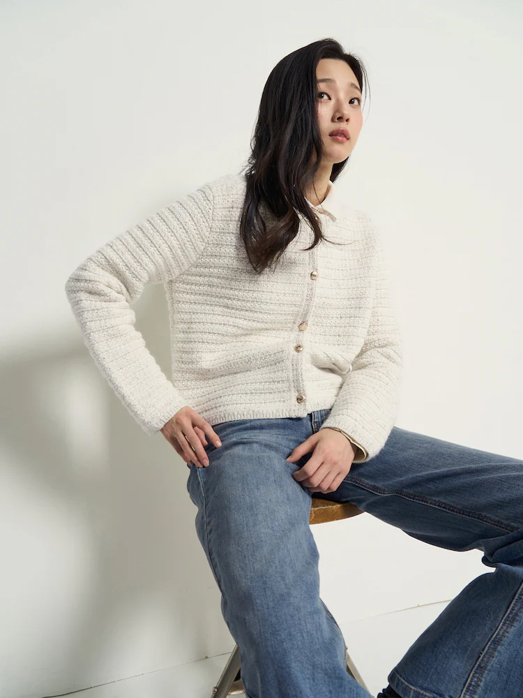 BEANPOLE LADIES ivory tweed round-neck cardigan with a round neckline, front buttons, and textured knit finish.