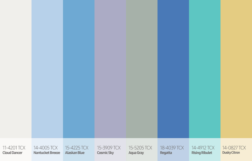Cool-toned palette featuring Cloud Dancer white with light blue, ocean blue, lavender gray, sage green, deep blue, teal, and soft yellow accents
