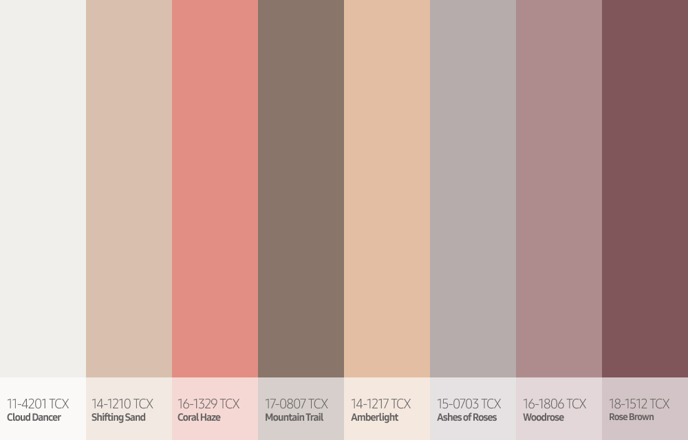 Warm natural color palette combining Cloud Dancer white with sand beige, coral, brown, soft peach, dusty rose, and deep rose tones in vertical layout