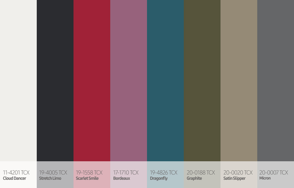 High-contrast palette featuring Cloud Dancer white, black, red, burgundy, teal, olive, beige, and gray tones arranged in bold vertical blocks