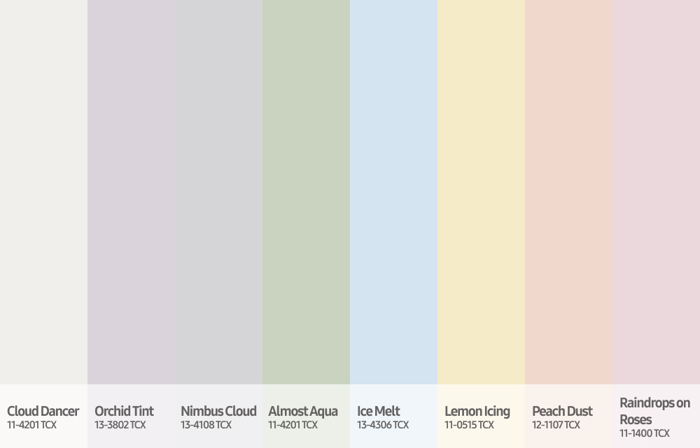 Soft pastel and neutral color palette featuring Cloud Dancer white, muted green, sky blue, pale yellow, lavender, and warm gray tones arranged in vertical blocks