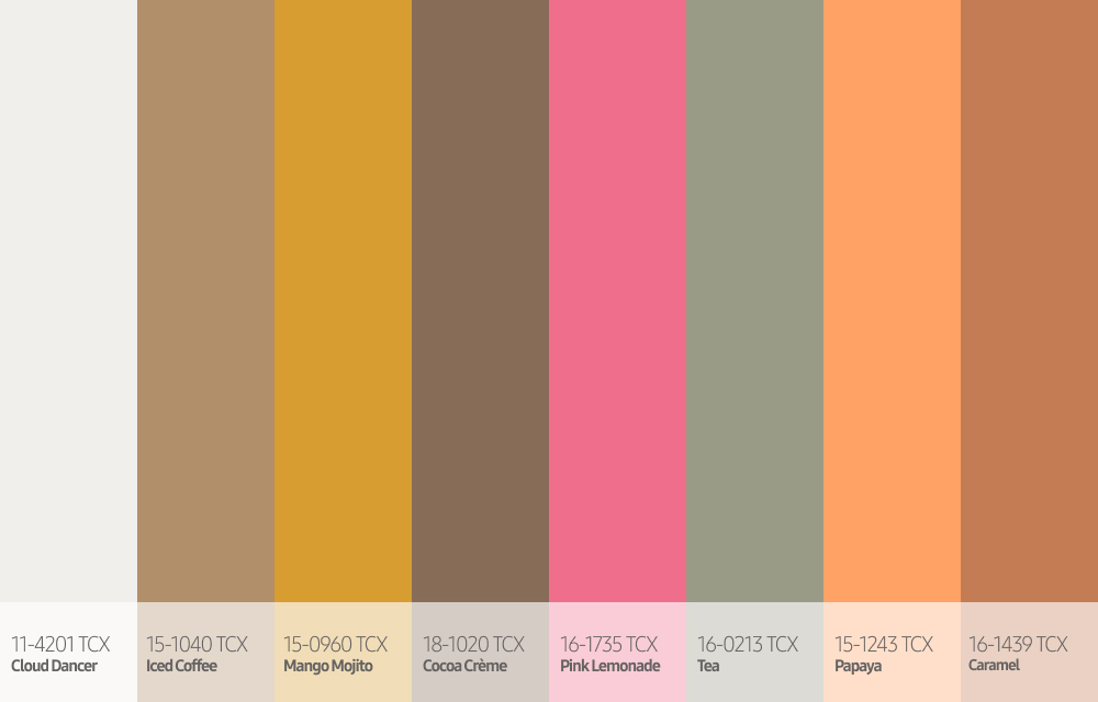 Playful warm-toned palette with Cloud Dancer white, iced coffee beige, mango yellow, cocoa brown, pink, muted green, papaya orange, and caramel hues