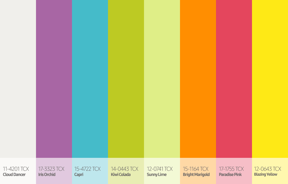 Vibrant tropical color palette with Cloud Dancer white, orchid purple, teal blue, lime green, orange, pink, and bright yellow in bold vertical swatches