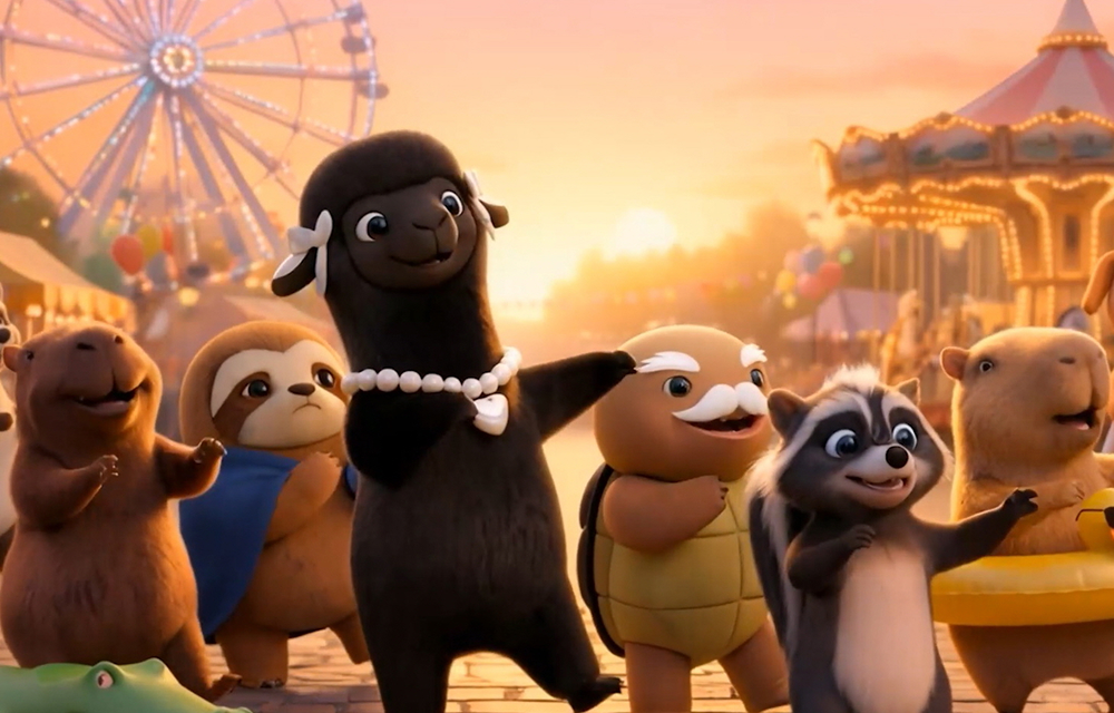 Ppuppa Town characters gather in front of Everland’s park skyline in a scene from “Different, together.”