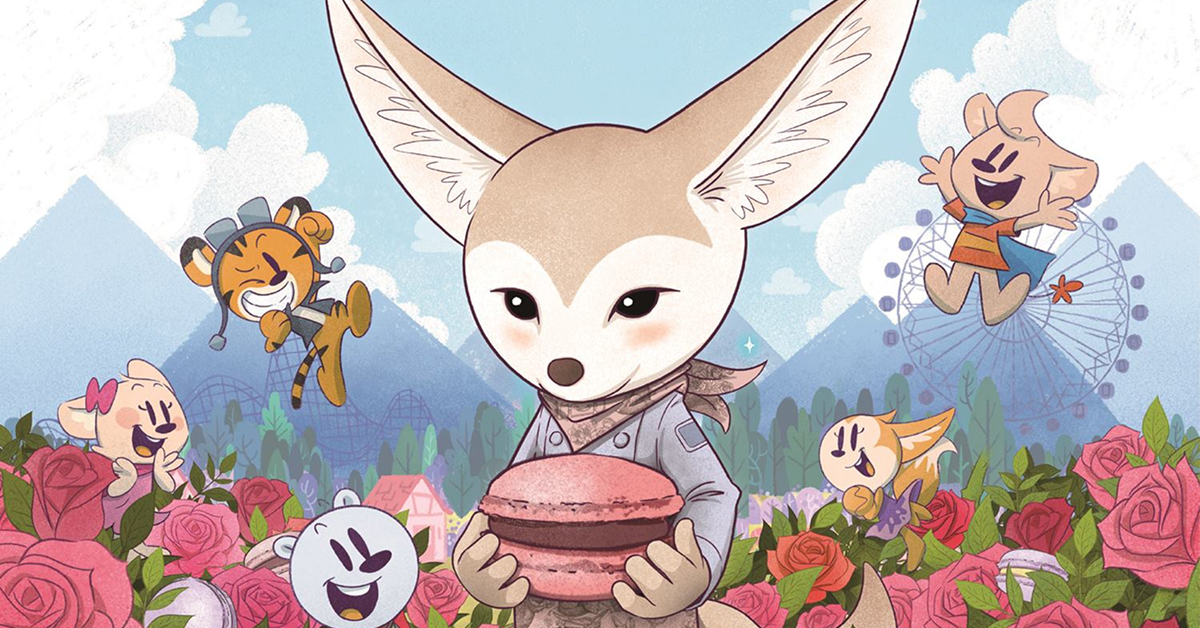 Illustrated promotional image for Everland’s Ever Kids Club featuring a fox character holding a pink macaron while standing in a rose garden. Everland mascots appear around the scene with amusement park rides, mountains, and clouds in the background. Korean text reads “Sweet Break Time with Ever Kids Club.”