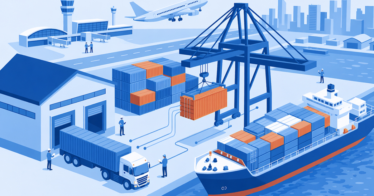 Isometric illustration of a global logistics hub featuring a cargo ship at port, crane loading containers, warehouse, truck, and airplane near an airport, representing multimodal international trade and supply chain operations.