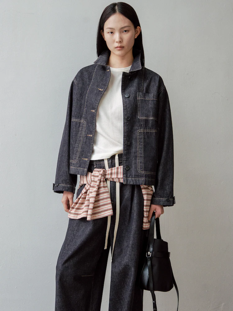 KUHO Summer-Weight Raw Denim Jacket in navy offers lightweight structure for refined spring layering