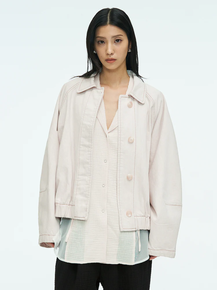 ‘anggae’ Denim Blouson Jacket in ivory offers a soft, lightweight option for spring layering