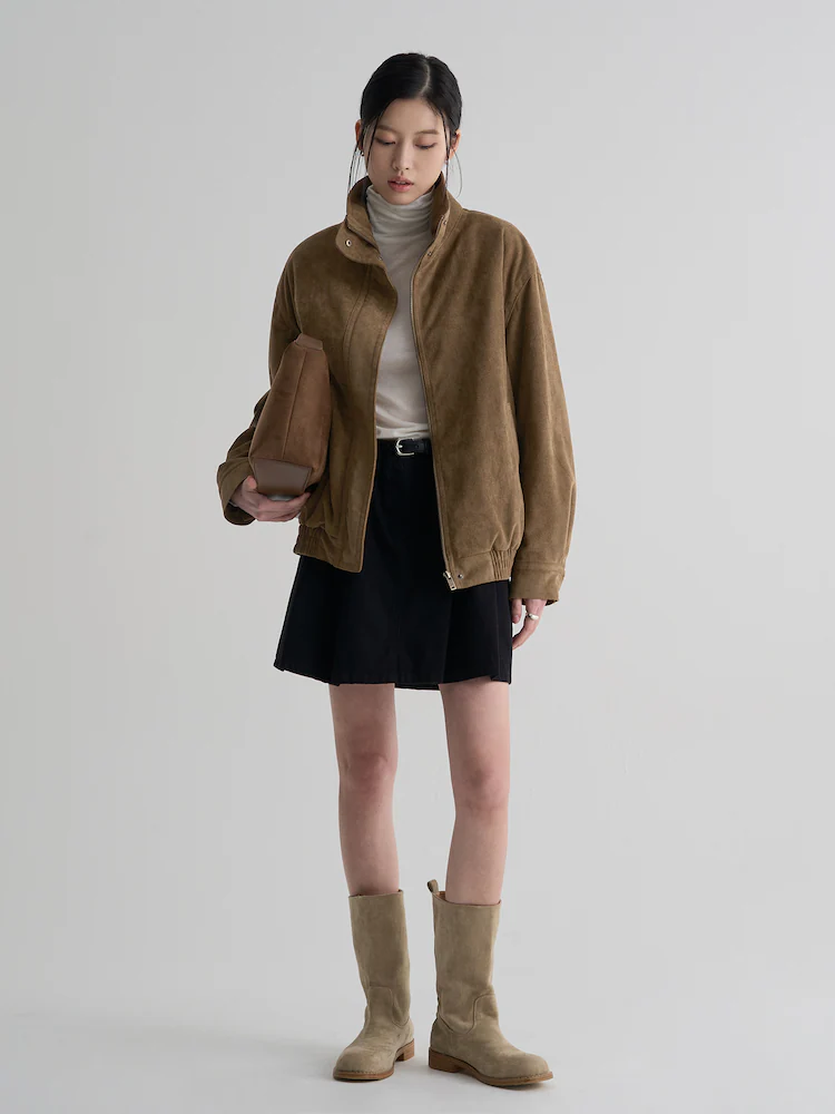 8seconds Faux Suede Blouson in yellowish brown adds soft texture to lightweight spring layering
