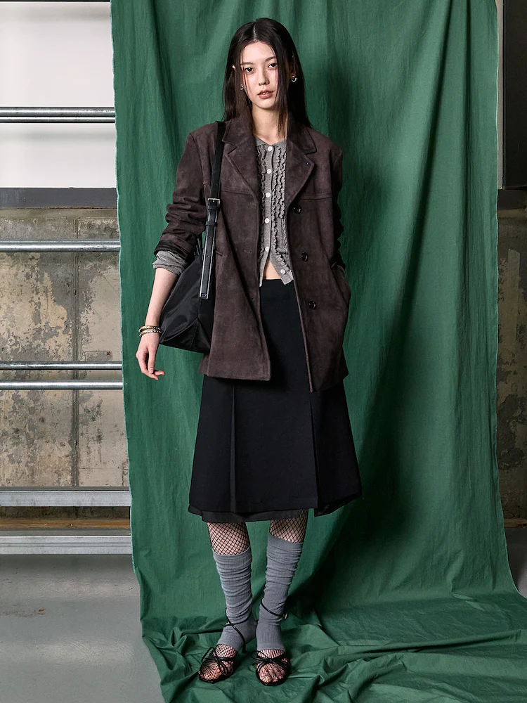 kuho plus Faux Suede Midi Blazer in ash adds soft texture and refined structure to spring outerwear