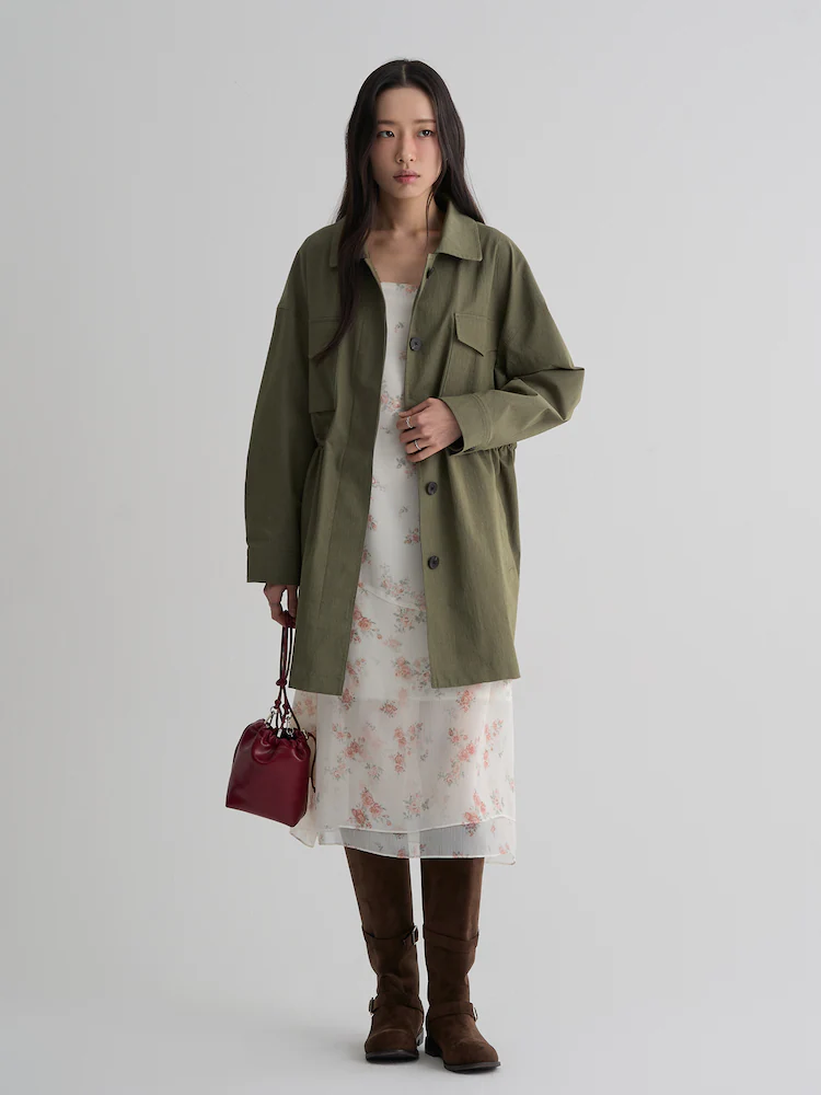 8seconds Waist-String Mid-Length Jacket in khaki offers a relaxed utility silhouette for transitional layering