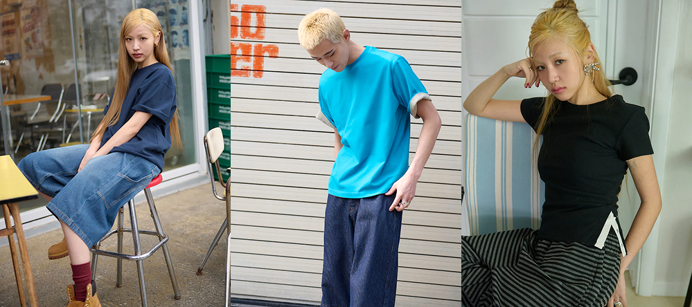 Models wearing SAND SOUND 26SS third drop outfits in lifestyle settings, featuring fitted and relaxed T-shirts, wide denim pants, and casual everyday styling in natural environments.