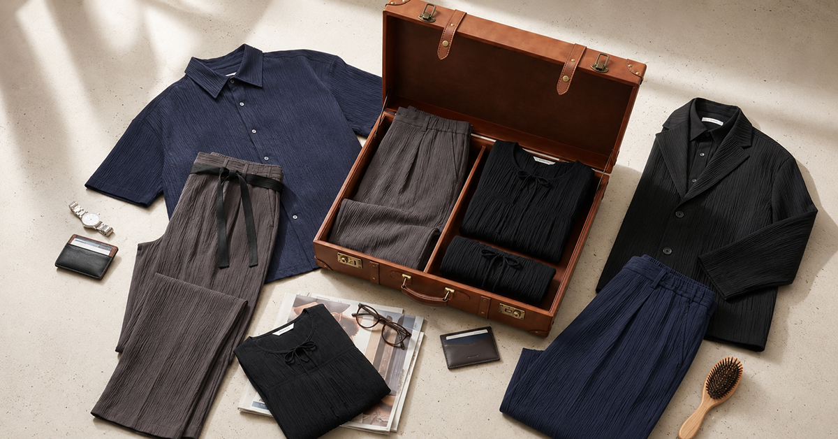 Flat-lay image of 8seconds ALL-DAY CREASE men’s and women’s summer items, including creased-fabric shirts, jacket, pants, blouse, and folded pieces arranged with a suitcase and accessories.