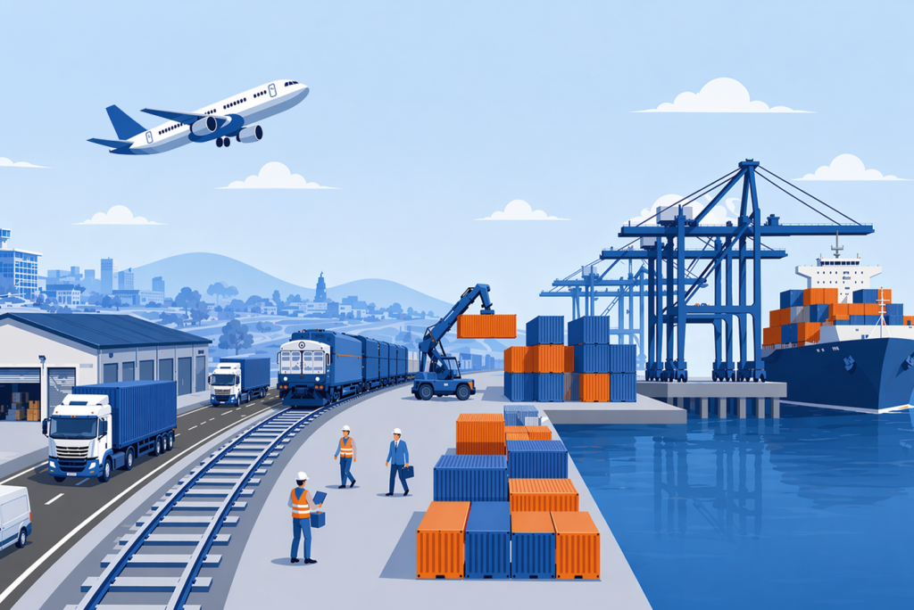 Illustrated global logistics scene featuring trucks, rail transport, cargo containers, a port crane, cargo ship, and airplane representing multimodal international trade operations.