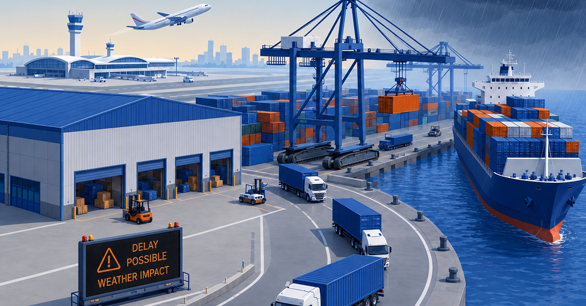 Illustration of a port logistics scene with storm clouds and rain affecting cargo operations, featuring a docked container ship, cranes, trucks, warehouses, stacked containers, and a sign warning of possible weather-related delays.