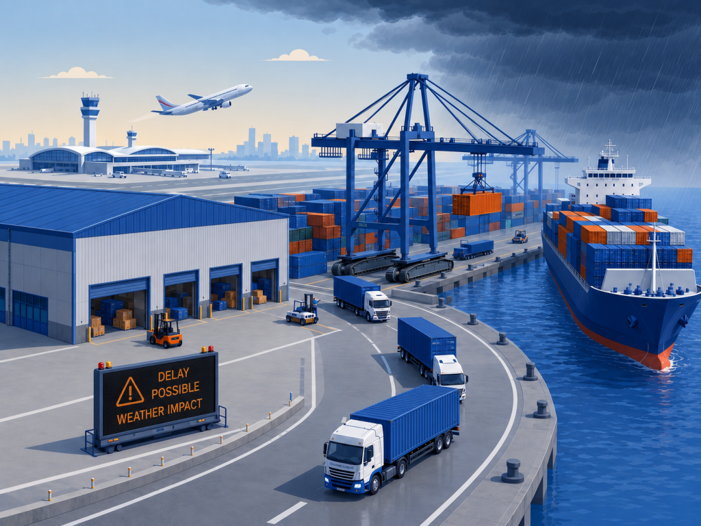 Illustration of a port logistics scene with storm clouds and rain affecting cargo operations, featuring a docked container ship, cranes, trucks, warehouses, stacked containers, and a sign warning of possible weather-related delays.