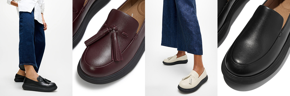 FitFlop iQushion loafers shown in black, burgundy, and cream, including close-up product details and models wearing the shoes with denim pants.