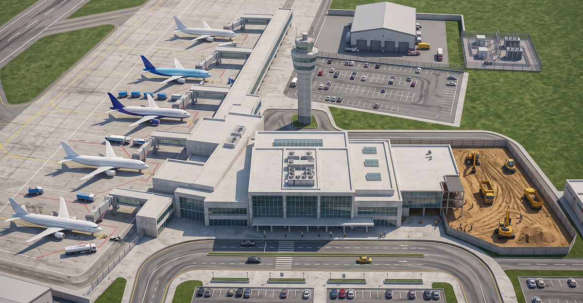 A modern airport site brings together terminal buildings, airside facilities, access roads, support buildings, utilities, and construction works into one connected infrastructure environment