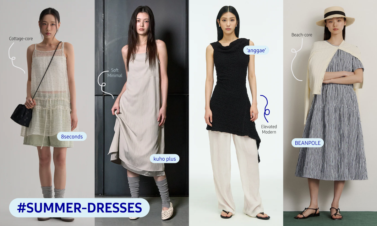 8seconds, kuho plus, 'anggae', and Beanpole present distinct approaches to Summer 2026 dress styling, from playful layering and minimal silhouettes to classic warm-weather designs