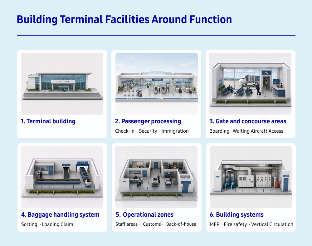 Building Terminal Facilities Around Function While airside infrastructure supports aircraft, the terminal organizes the passenger-facing side of the airport. It is often the most visible part of an airport, but it is also a complex building project that brings together passenger areas, equipment systems, security facilities, and operational spaces.